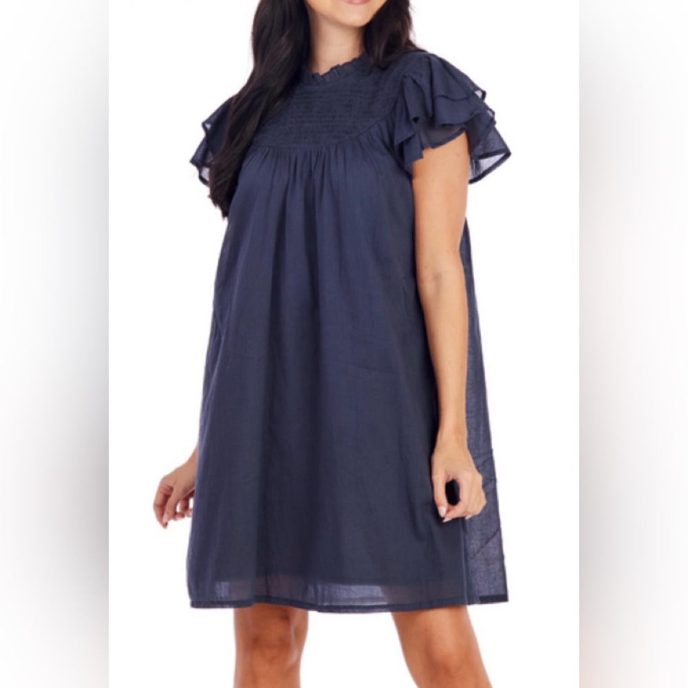 Mud Pie, Smocked Bodice, Shift Style Dress, With Flutter Sleeves, Navy
Sz M
NWT